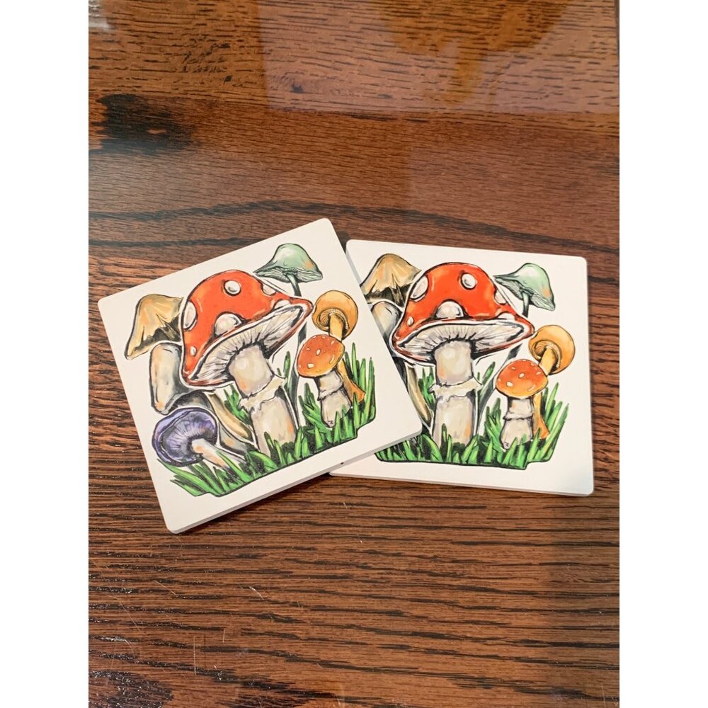 Set Of 2 Mushroom Ceramic Coasters Cork Backing 4 3/16” Decor Protection Retro